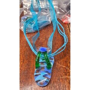 Reseller Lot of 14 Glass Flip Flop Ribbon Chain Pendant Necklaces Various Colors